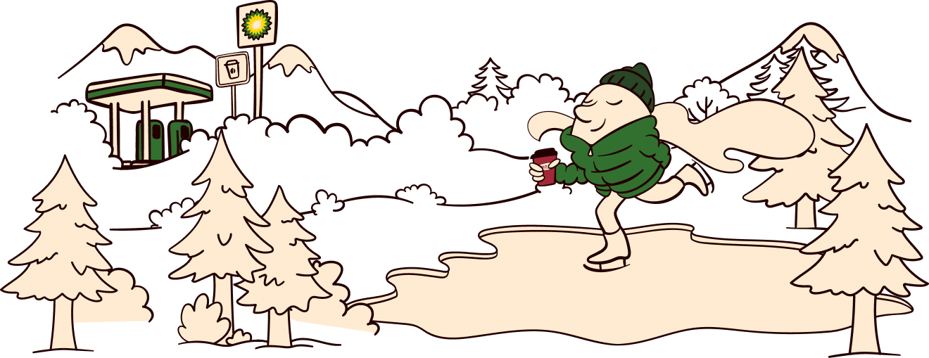 Zimowa scena z BP stacją i łyżwiarzem